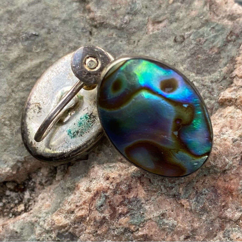 Vintage stamped Abalone Shell Oval Drop Earrings - screw back earrings